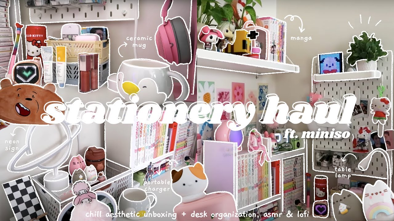 stationery haul ft. miniso 🌷 | chill aesthetic unboxing + desk organization, asmr & lofi