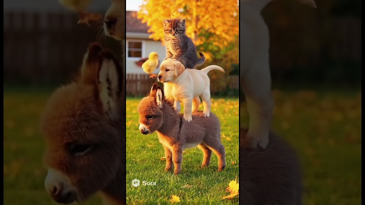 Real-Life Bremen Musicians with cute Baby Animals! donkey, kitten, puppy, chick friends! #cut