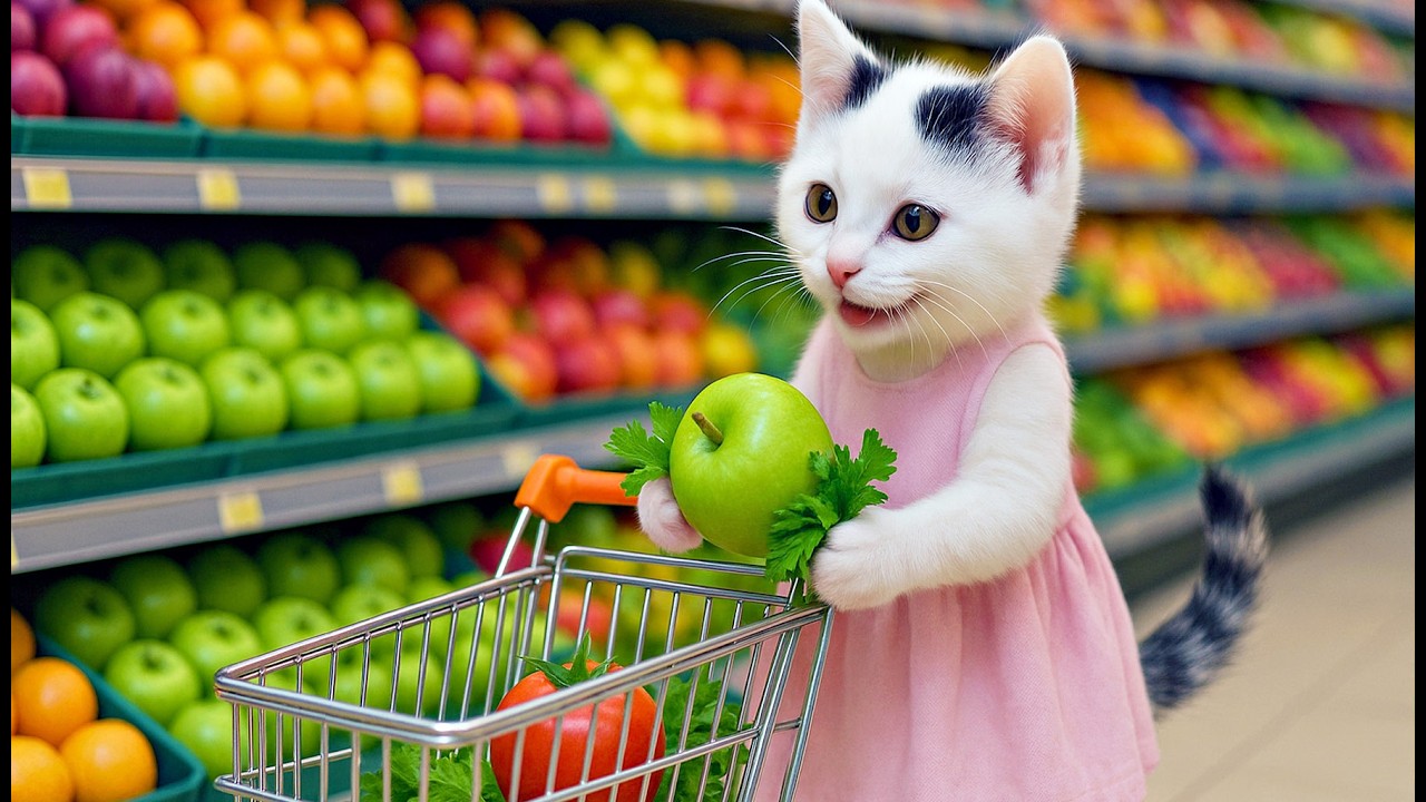 🧺 Little Kitten’s Grocery Day: A Soft Routine with a Full Heart 🐾🍎