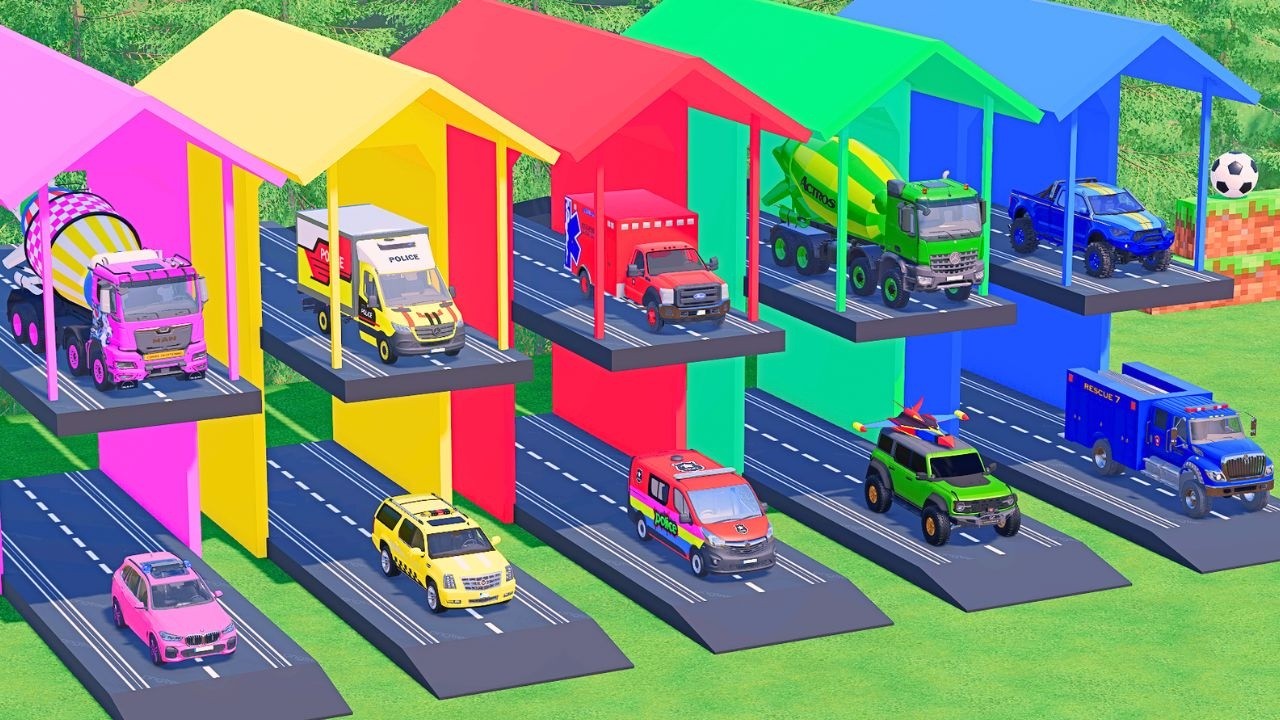 TRANSPORTING POLICE CARS, AMBULANCE, FIRE TRUCK, COLORFUL CARS WITH MIXER TRUCK ! FS22 #29