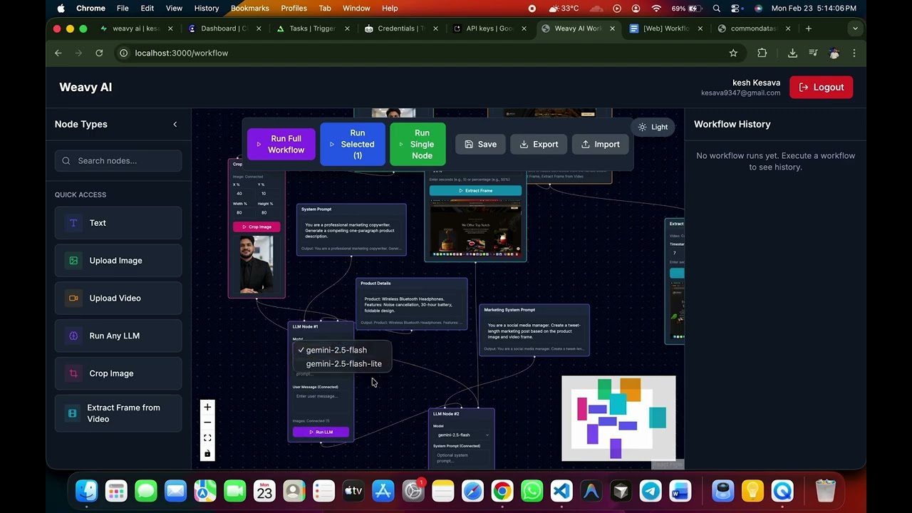 Weavy AI is a workflow-based AI application built using Next.js and React Flow