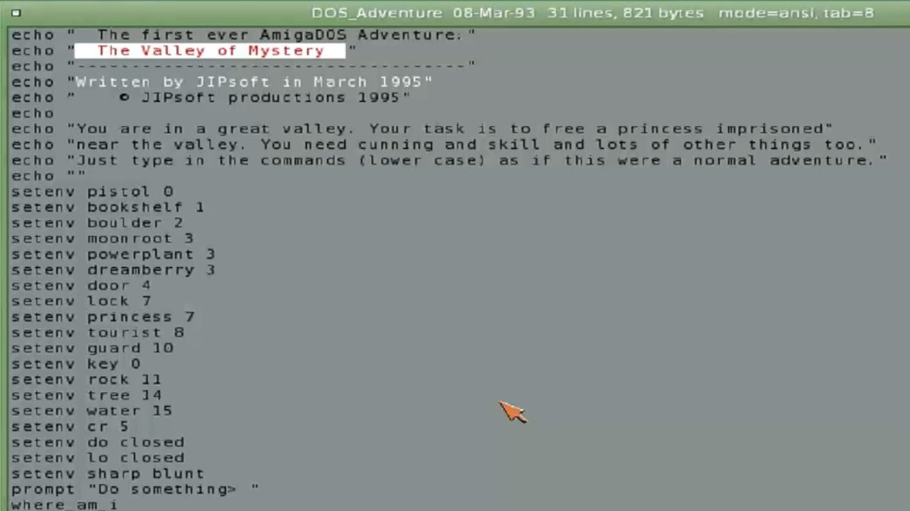 AMIGA The Valley of Mystery First ever AmigaDOS adventure game By JIPsoft productions In MARCH 1995