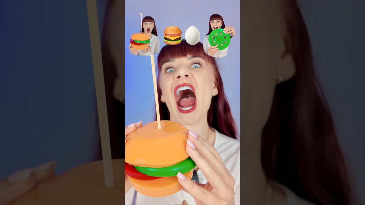 Giant Gummy Burger VS Gummy Eggs Pizza No Reaction Eating 😃