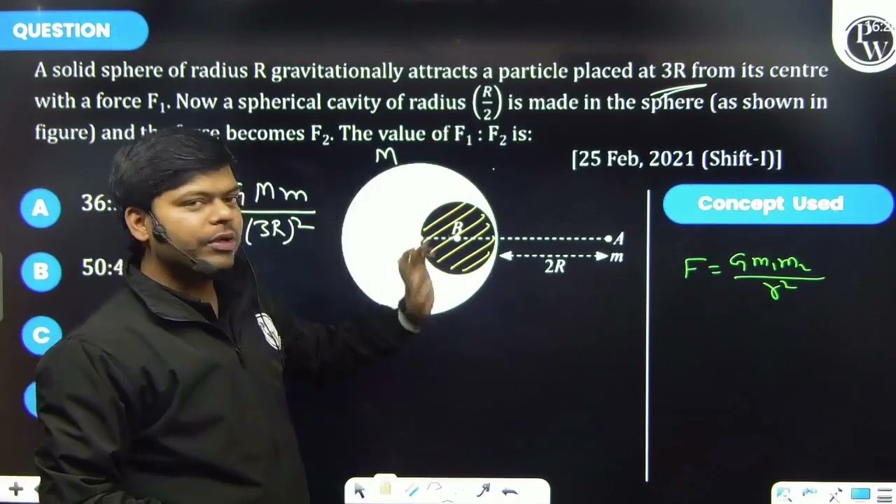 A solid sphere of radius \(R\) gravitationally attracts a particle placed at \(3 R\) from its ce....