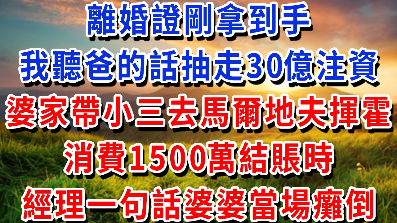 離婚證剛拿到手，我聽爸的話抽走 30 億注資，婆家帶小三去馬爾地夫揮霍，消費1500萬結賬時，經理一句話婆婆當場癱倒#書婷講故事 #為人處世#生活經驗#情感故事#晚年哲理#說故事#完結文