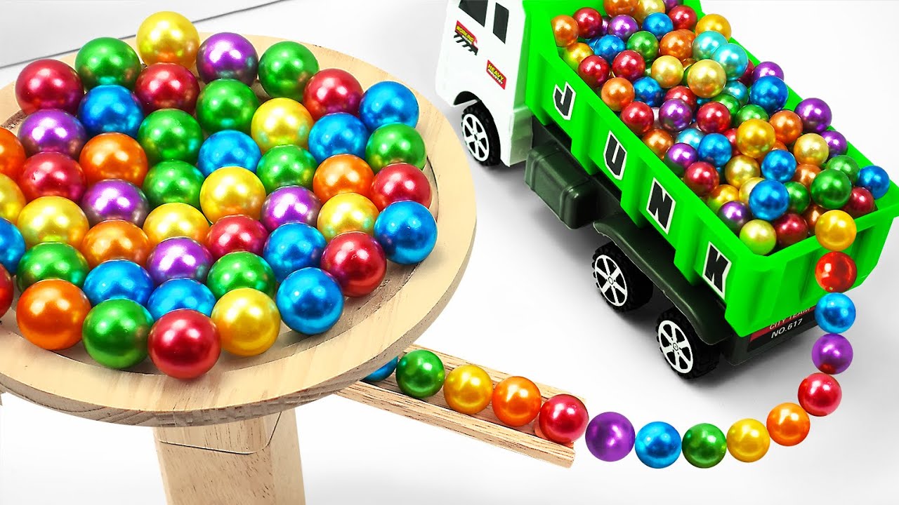 Marble Run Race ☆ HABA Slope&Retro Makita Truck, Excavator, Garbage Truck, Dump Truck,Ambulances#118