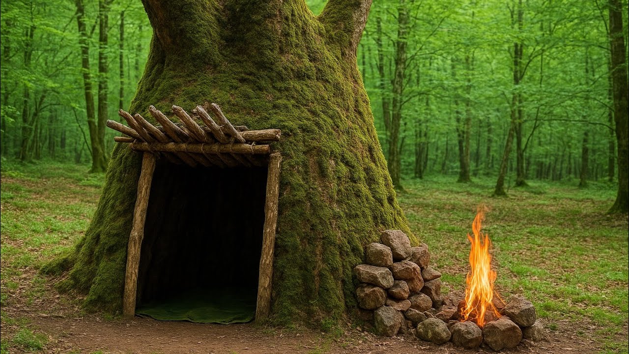 Building Complete And Warm Survival Shelter In The Trunk & Bushcraft Rain, Outdoor Cooking, Fireplac