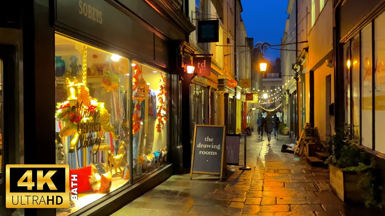 【4K HDR】Bath, England (UK) | After Rain Alleys Nightlife Walking Tour in 14min | One take, No edit
