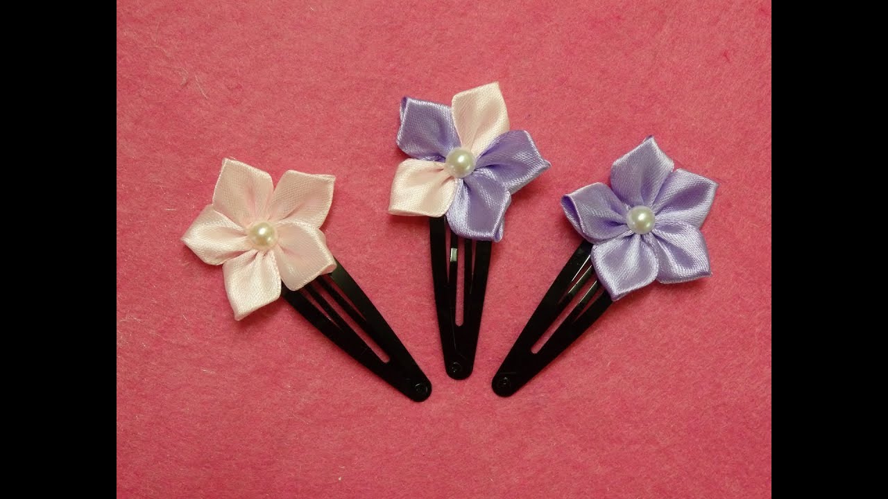 DIY kanzashi flower hairclips,ribbon flowers tutorial,how to make,kanzashi flores de cinta