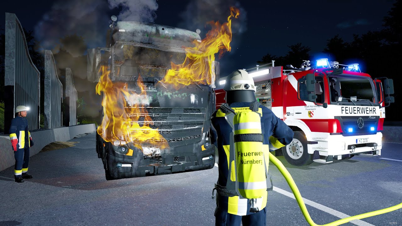 Emergency Call 112 - Nürnberg Fire Brigade Respond to Truck Fire During Night Shift!