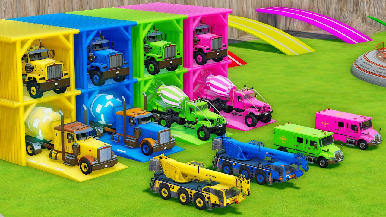 Garage with Colors - ALL MIXER TRUCK WITH DOUBLE FLATBED TRAILER TRUCK, PETERBILT, KRAZ, TEREX, MAN