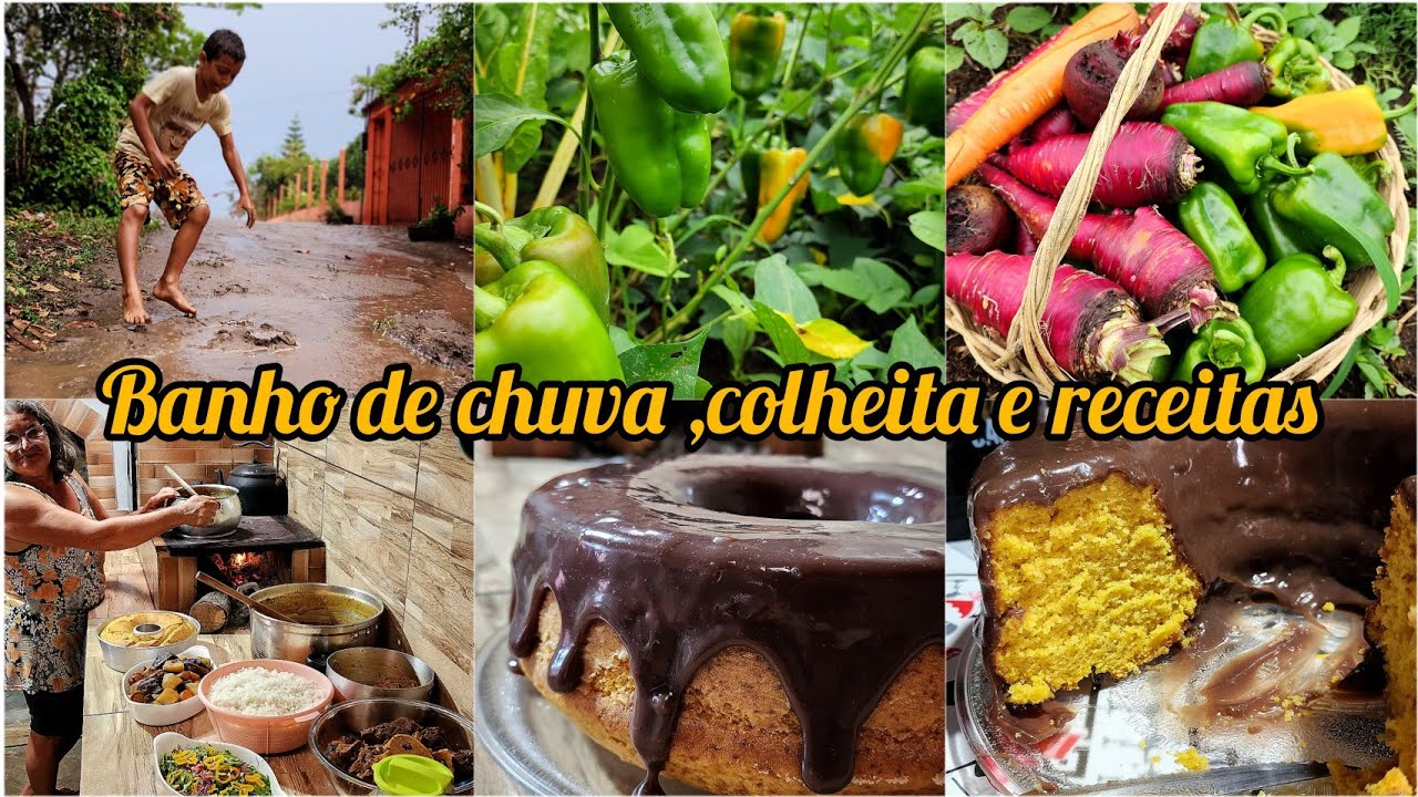 banho de chuva +COLHEITA de pimentão+ALMOÇO com pirão e BOLO DE CENOURA para o lanche da tarde
