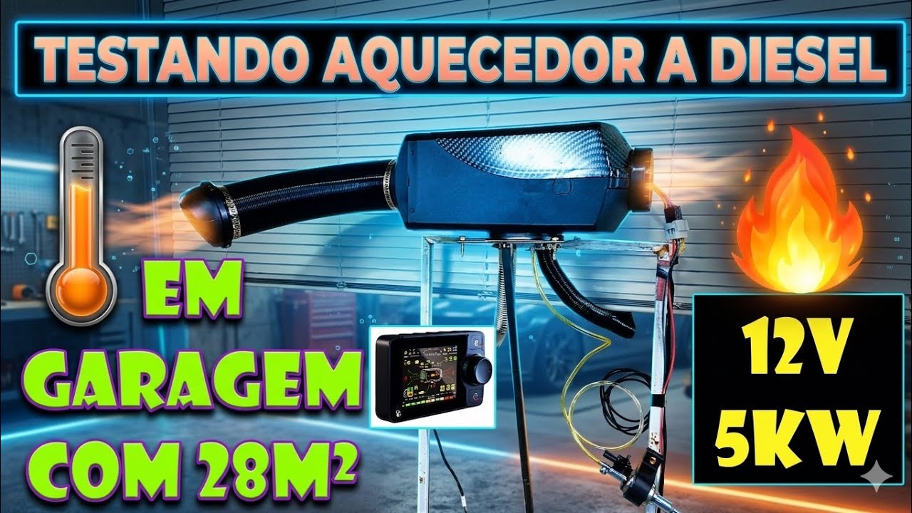 TESTANDO AQUECEDOR 12V 5KW A DIESEL EM GARAGEM COM 28M²