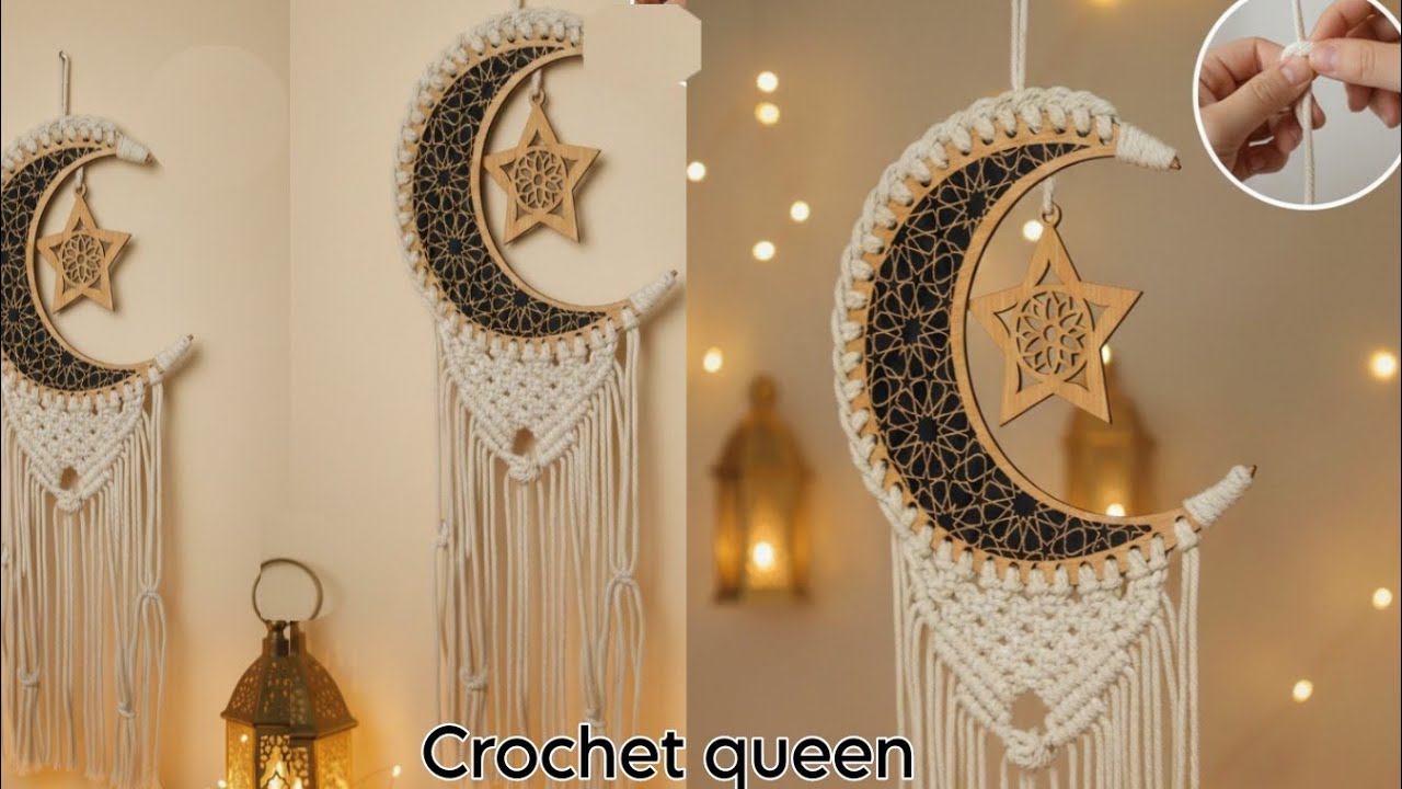 هلال رمضان بالمكرميه - ديكور بالمكرميه -تعليم مكرميه -اساسيات المكرميه - #مكرميه#macrame#dicoration