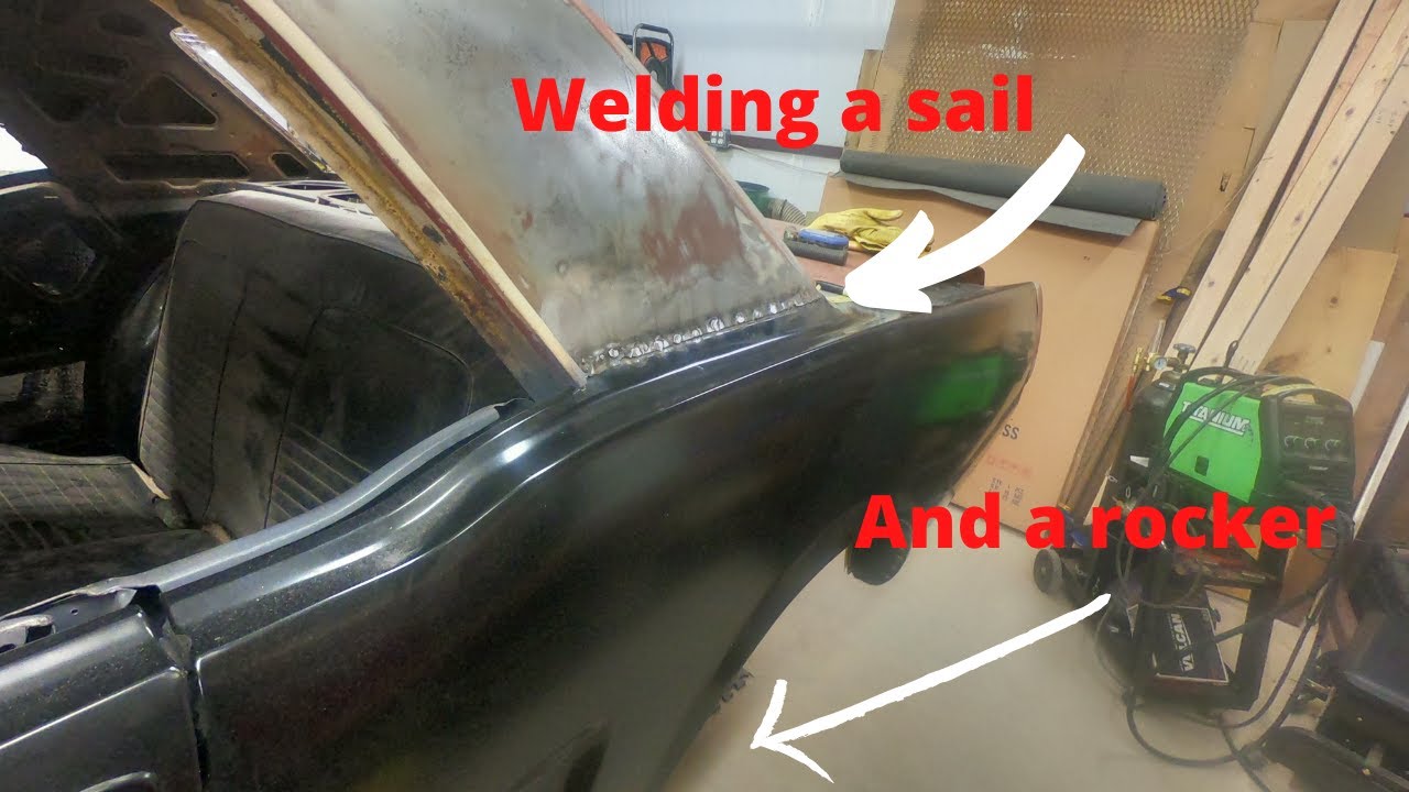 Welding the sail and rocker on a 66 mustang at the end of quarter replacement