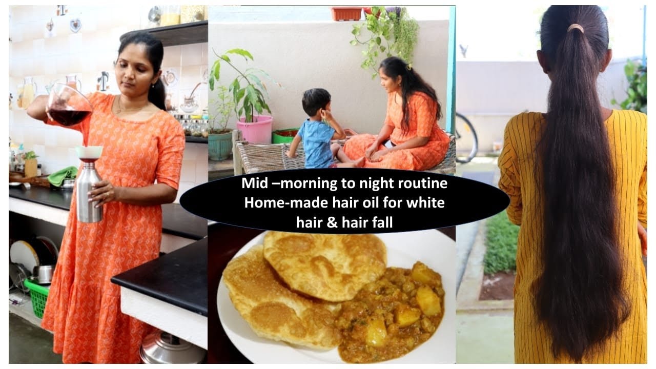 Home-made hair oil for white hair &hairfall control|Mid morning to night routine| poori,potato gravy