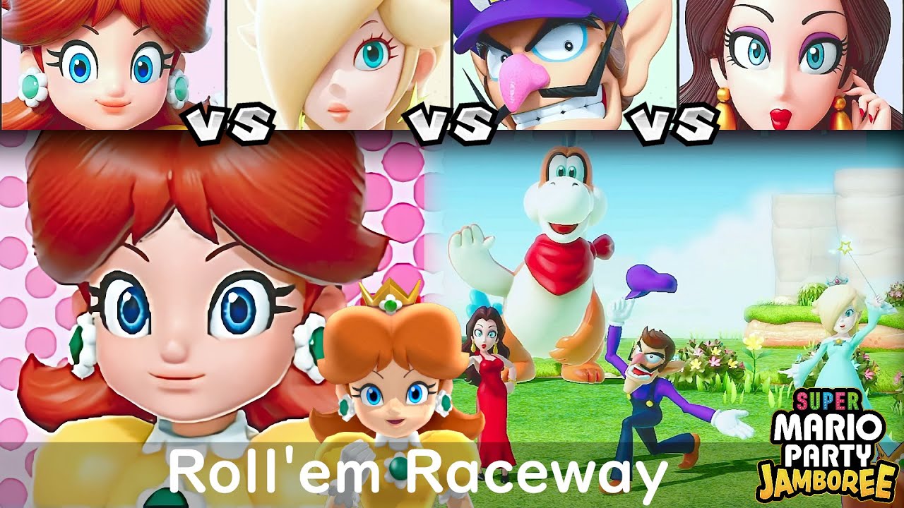 Super Mario Party Jamboree Daisy vs Rosalina vs Waluigi vs Pauline in Roll'em Raceway