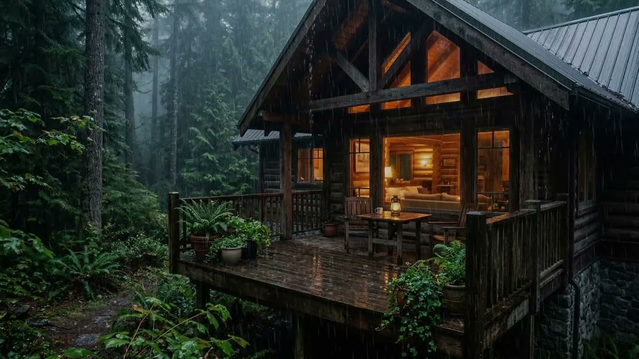 Heavy Tropical Rainstorm 🌧️ Pouring Outside A Jungle Cabin While Tall Palms 🌴 Sway