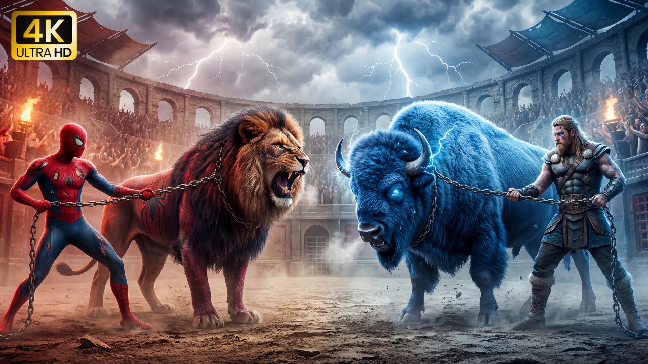 Spider-Man vs Thor: Lion & Bison Clash in a Brutal Arena Battle