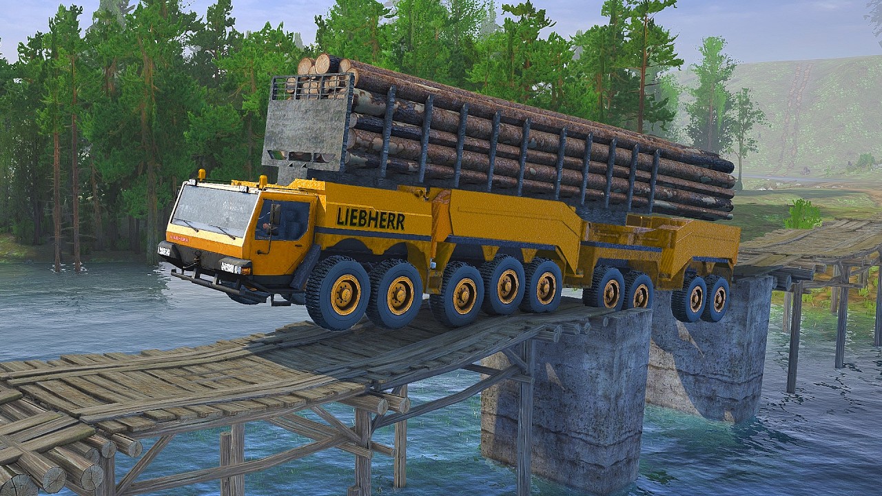 Extreme and Dangerous Action of Logging Truck Crossing Old Bridge