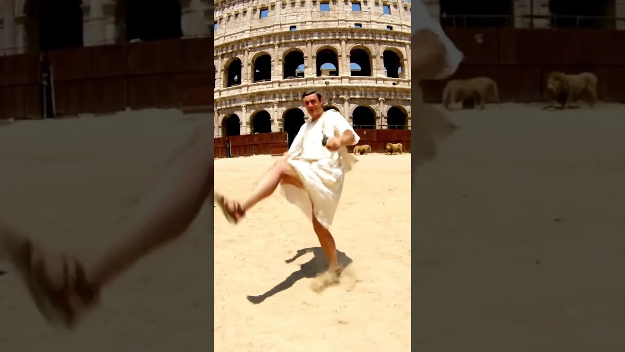 Emperor moonwalks in gladiator arena, baffling lions and crowds