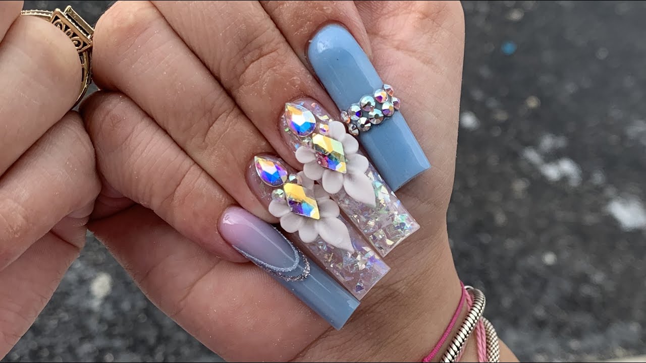 XL Tapered Square Ombre Encapsulated Foil Glitter 3D Flower Acrylic Nail