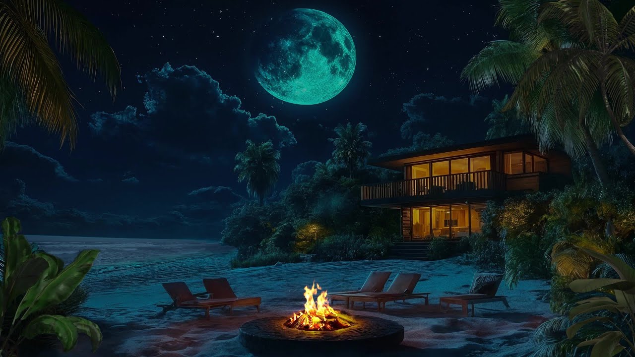 Calm Moonlight Beach Night 🌕🌊 | Cozy Fire Pit Ambience for Sleep & Stress Relief