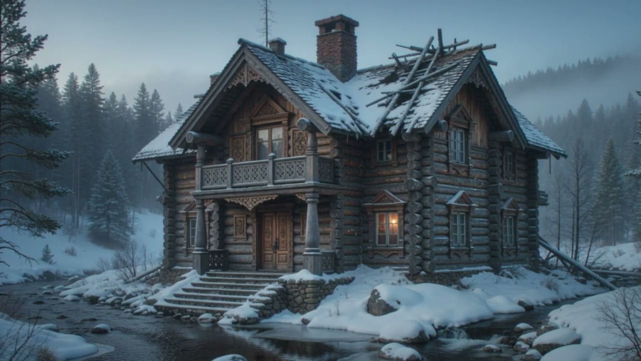 Snowy Forest Cabin Retreat 🌲 Fire Pit & Water Sounds Peaceful Winter Ambience for Meditation & Focus