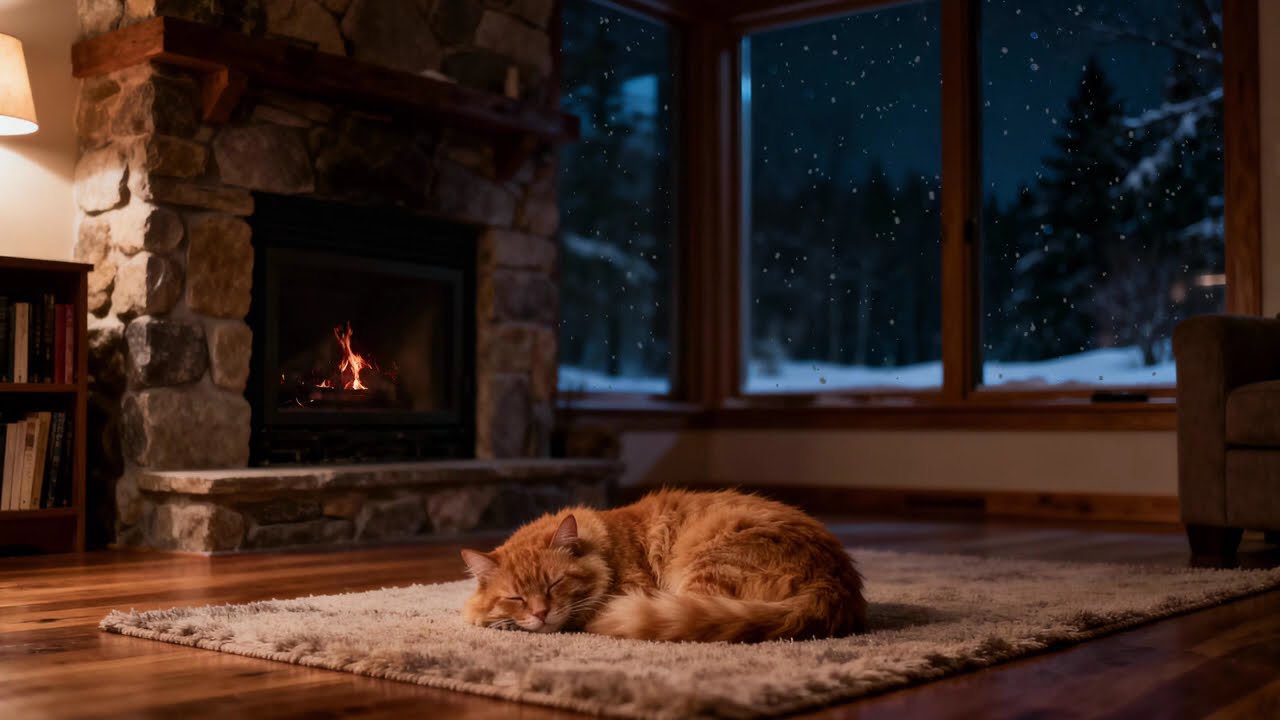 🔥 Cozy Cat Winter Fireplace 4K | Lo-Fi Hip Hop Beats for Sleep & Study (3 HOURS)