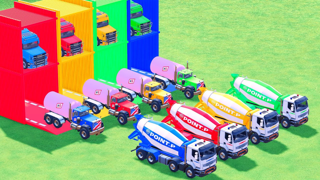 Garage with Colors - ALL MIXER TRUCK WITH DOUBLE FLATBED TRAILER TRUCK, SCANIA, PAZ, RENAULT, MACK