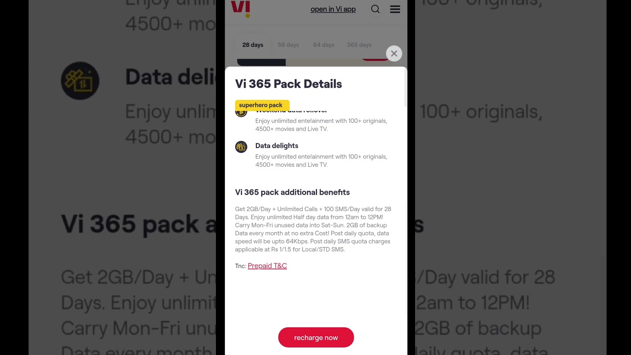 Vi ₹365 Recharge Plan All Details Superhero Unlimited Data | Vodafone Idea Recharge Plan #shorts.