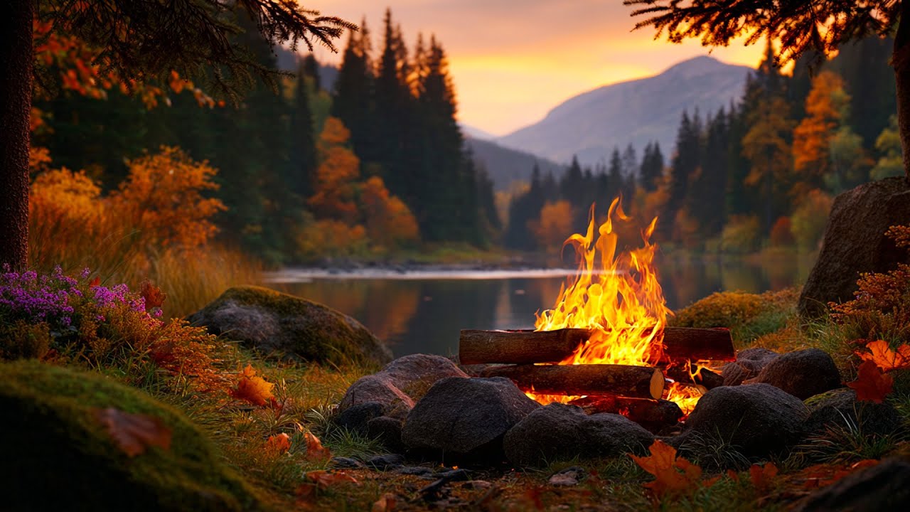 Autumn Forest Lake Campfire 🔥 Relaxing Fire Sounds with Gentle Lakeshore Atmosphere