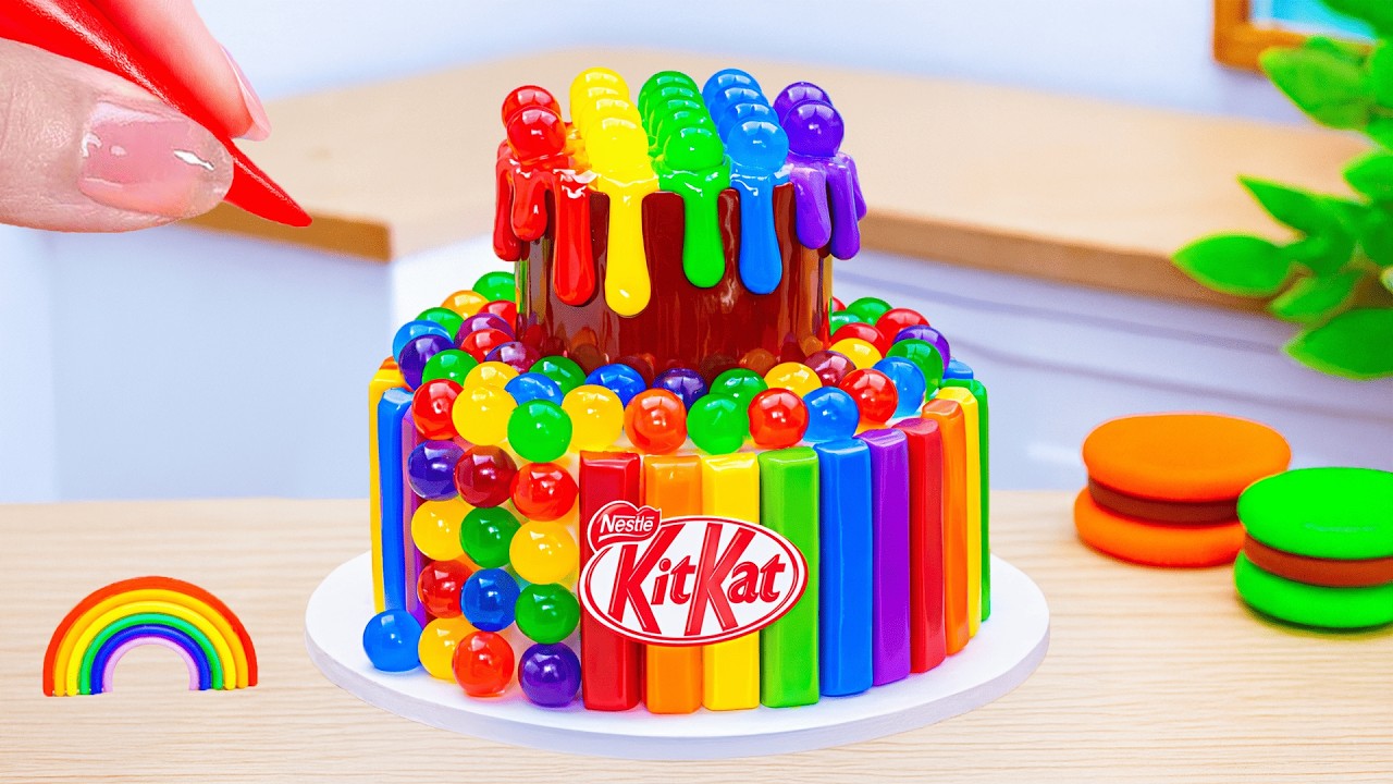 How to Make Rainbow Cake Recipe With Chocolate🌈KitKat Chocolate Drip Decorating Idea❤️HT Mini Cakes