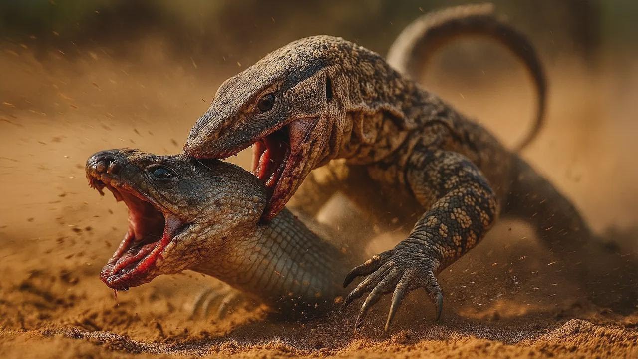 Văzut ca un om: Monitorul Perentie face ravagii printre șerpi veninoși!