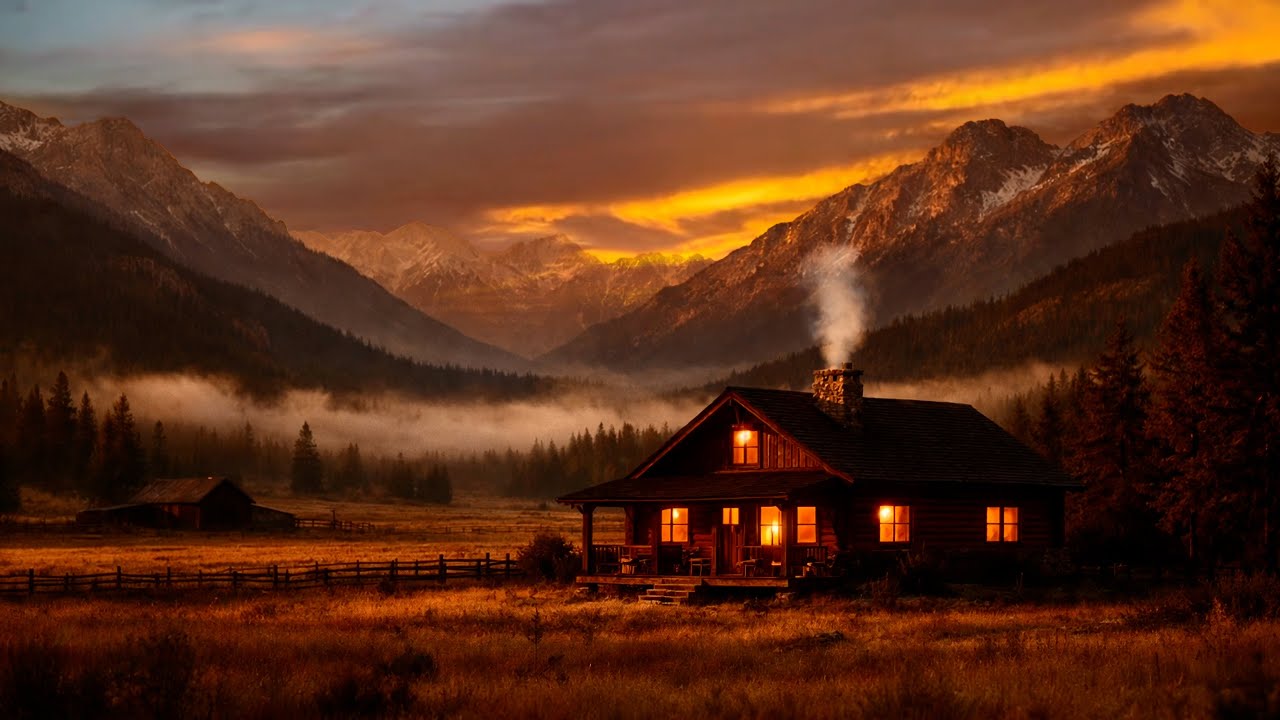 Cozy Cabin in the Mountains 4 Hours | Relaxing Music + Night Nature Sounds | 4K Ambience