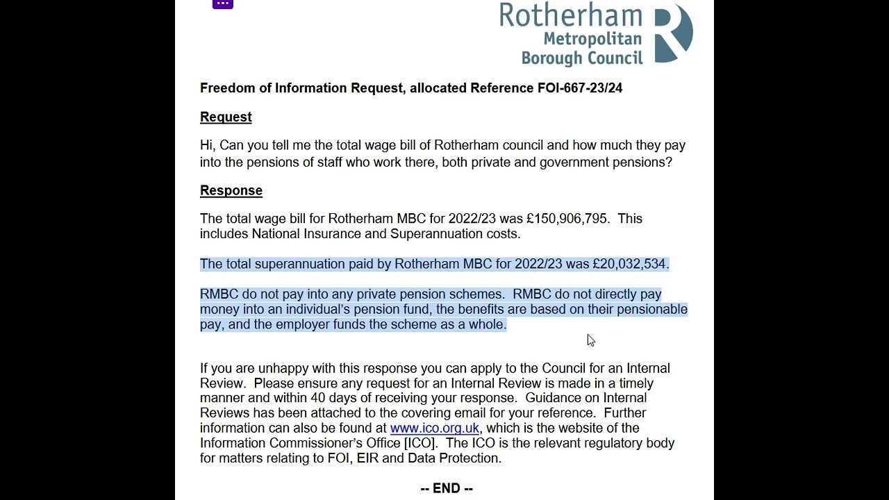 Rotherham Borough Council total wage bill and pension payments Freedom of Info request