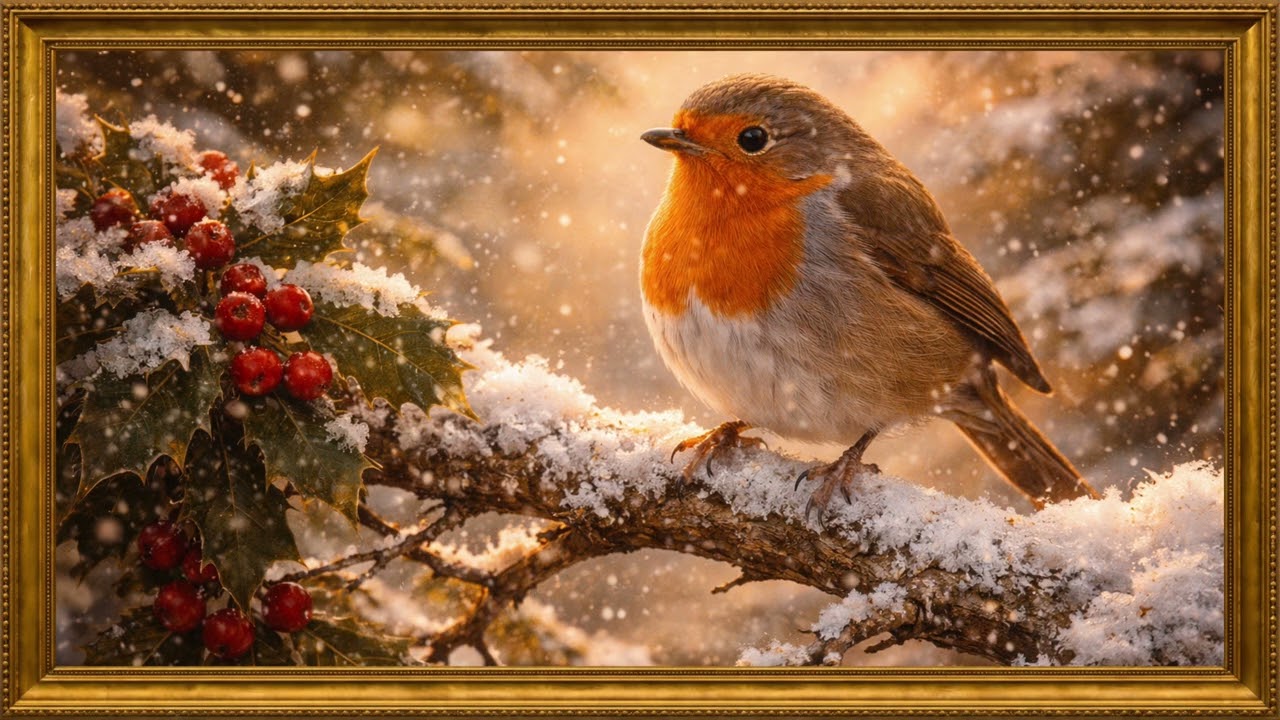Robin on a Snowy Holly Branch | 4K Art Screensaver | 2 Hours Silent Painting Display for Your TV
