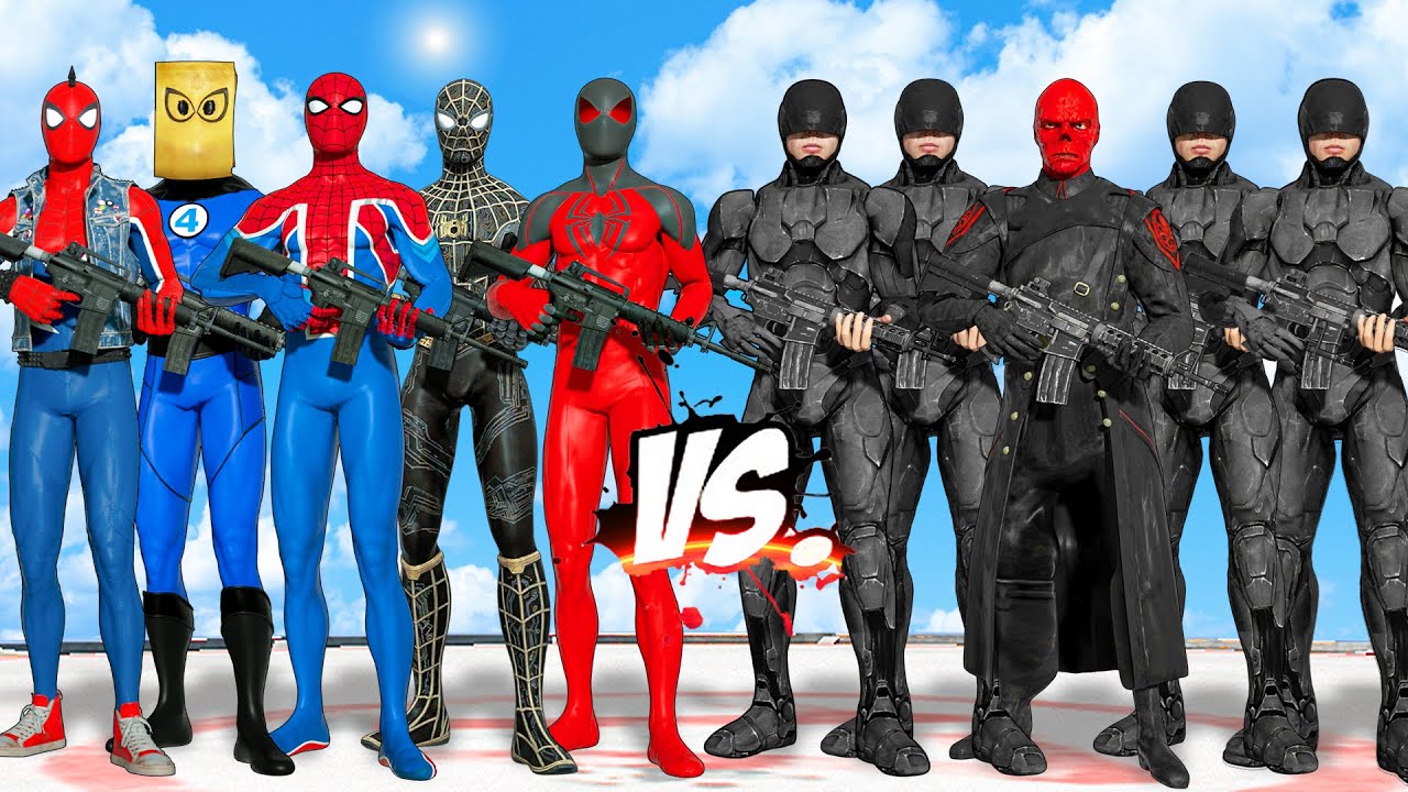 ALL SPIDER-MAN SUIT VS ROBOCOP ARMY & RED SKULL - SUPER EPIC BATTLE