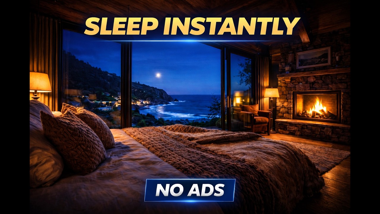 10 Hours Modern Cozy Cabin Fireplace | Brown Noise for Sleeping | Mountain Night View | NO ADS