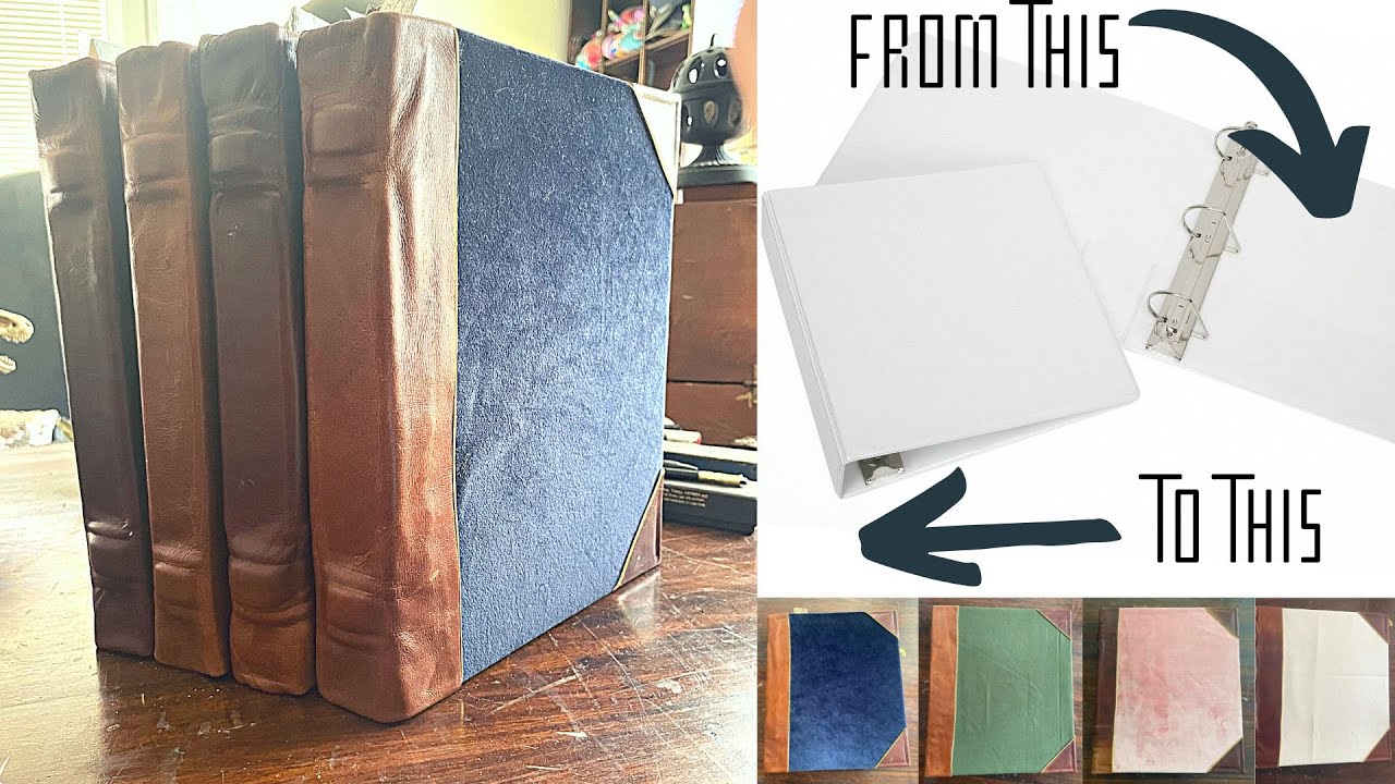 Ring Binder re-Binding. Turning 4.... 3-ring binders into old book by re-binding them with leather