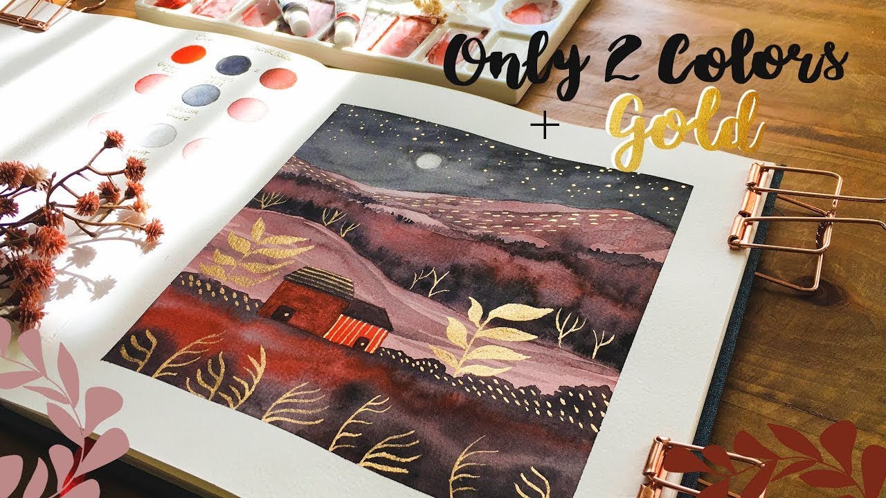 2 colors + gold   Watercolor landscape painting