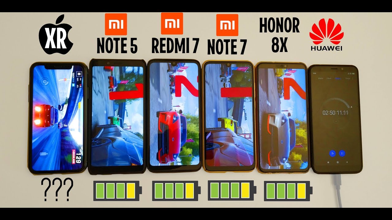 BATTERY DRAIN TEST! IPHONE XR VS HONOR 8X, REDMI 7, REDMI NOTE 7, XIAOMI REDMI NOTE 5