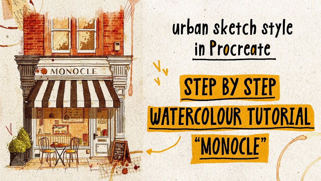 Пошаговый урок по рисованию акварелью в цифровом формате в Procreate — кафе Monocle в Лондоне.