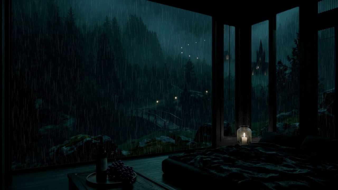 Deep Mountain Rain Sounds☔(No Ads)☔Warm Dark Cabin Bedroom Ambience for Deep Sleep☔