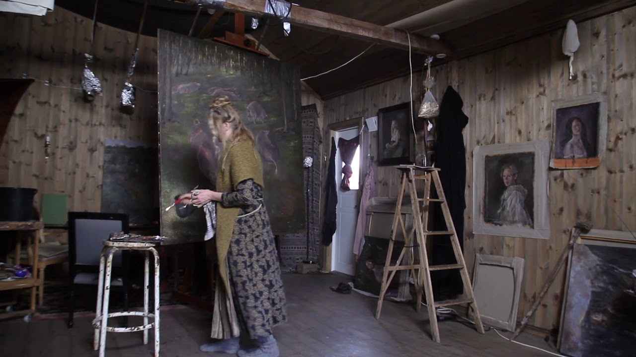 Turid Spildo (Nerdrum's wife) painting on her composition entitled 