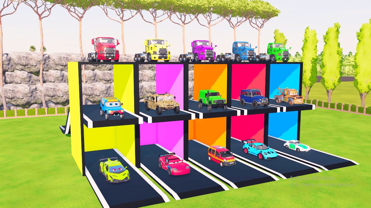 Transporting Trailer Police Cars, Sports Cars & Off-Road Jeeps To Garage