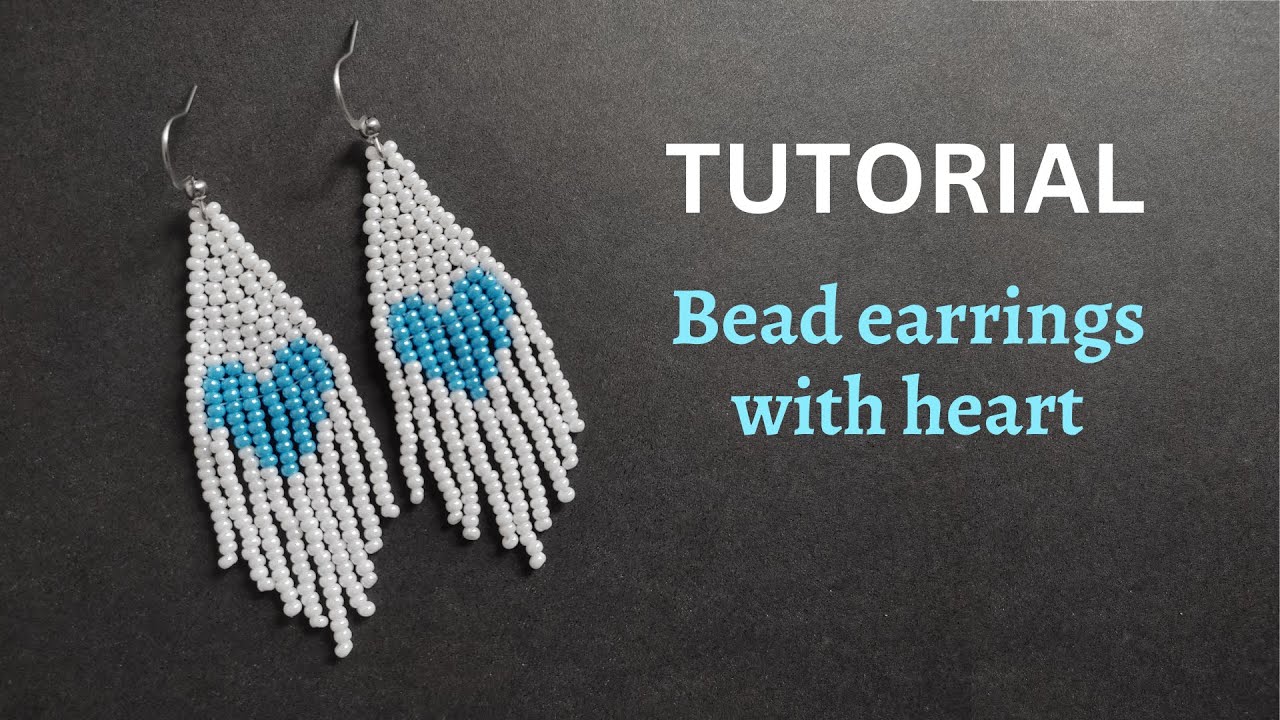 DIY how to make seed bead heart earrings, beading tutorial for white bead earrings with blue heart