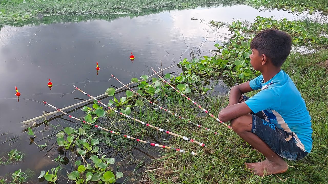 Really Amazing Daily Life Hook Fishing || Traditional Little Boy Hunting Big Fish With Hook By River