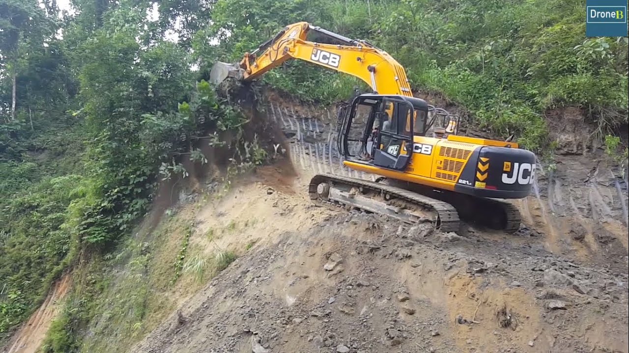 JCB Excavator-Cutting Hill for Widening Road-Remote Hilly Road Construction
