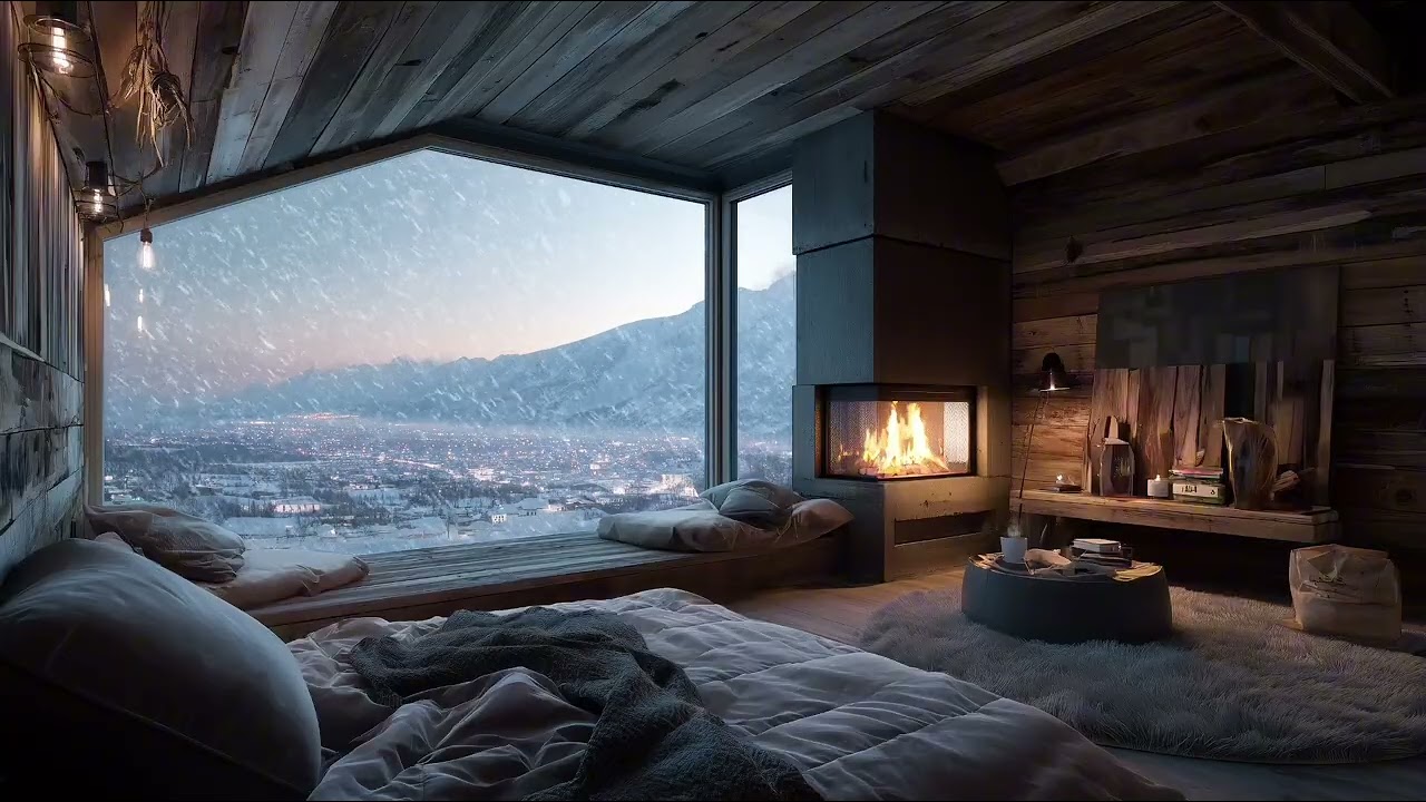 Snowfall Over the City ❄️ 🔥  | Cozy Luxury Cabin Fireplace Ambience | Winter Night 4K
